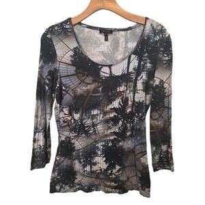 Escada Top Scenery Print Sz S Black Multicolor Stretch Trees Forest Aviary